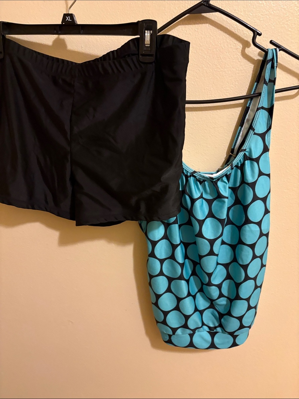 Black Swim Skirt and Blue Polka Dot Tankini Top